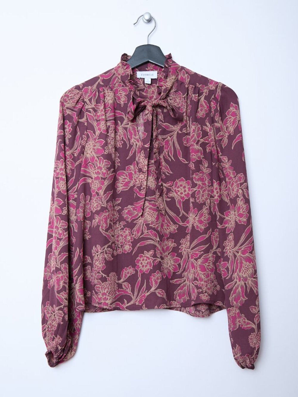 Evereve Mindie Tie Front Long Sleeve Floral Print Plum Lightweight Blouse Small